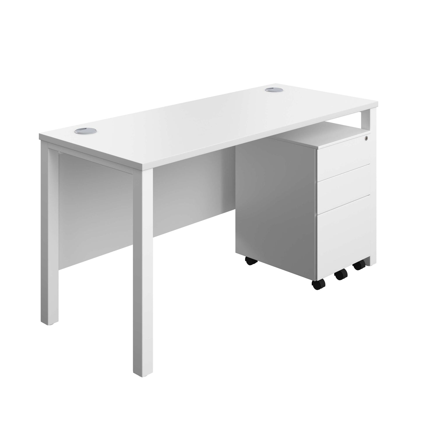 Goal Post Rectangular Desk + 3 Drawer Steel Pedestal (FSC) | 1400x600 | White/White