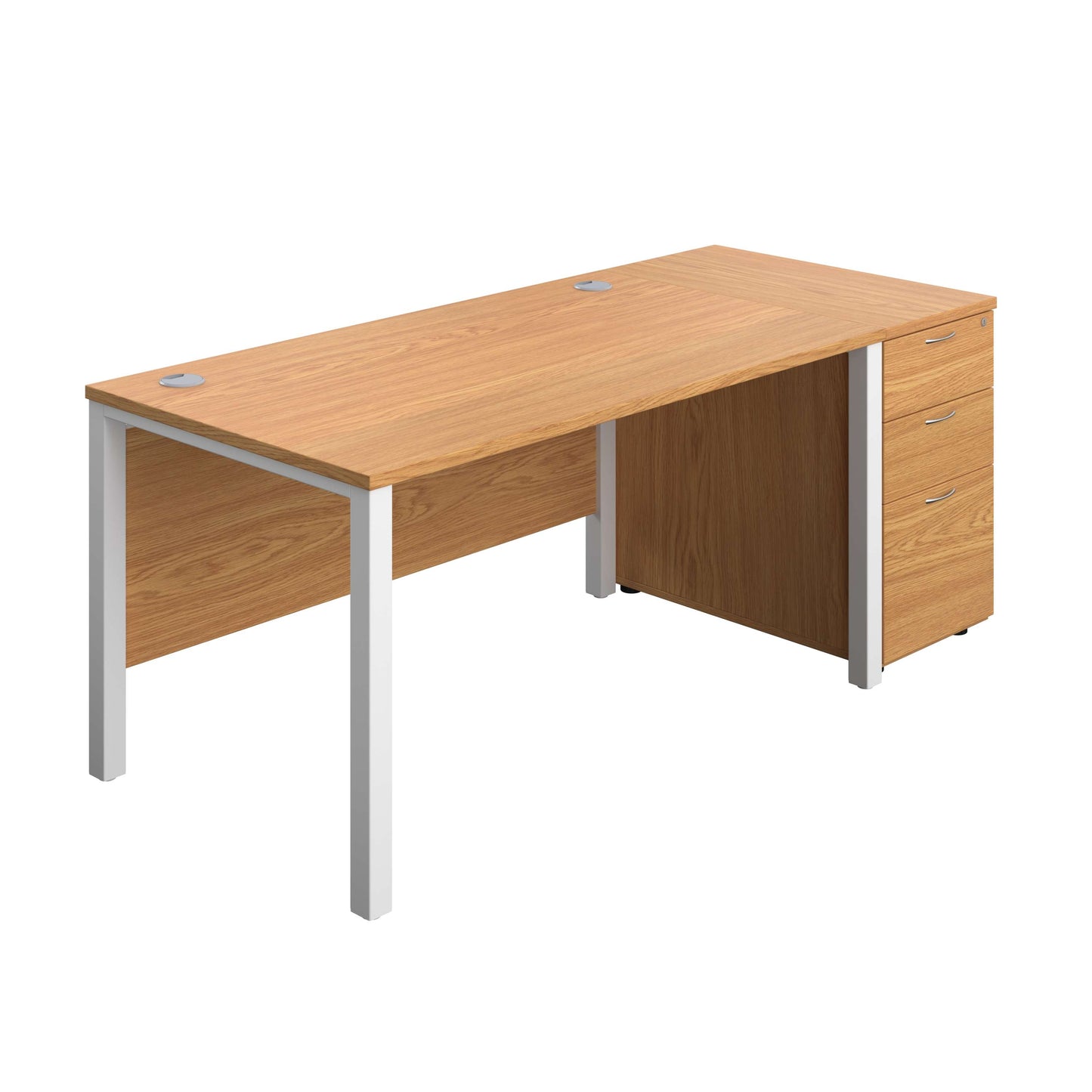 Goal Post Rectangular Desk + 3 Drawer Desk High Pedestal (FSC) | 1400x800 | Nova oak/White