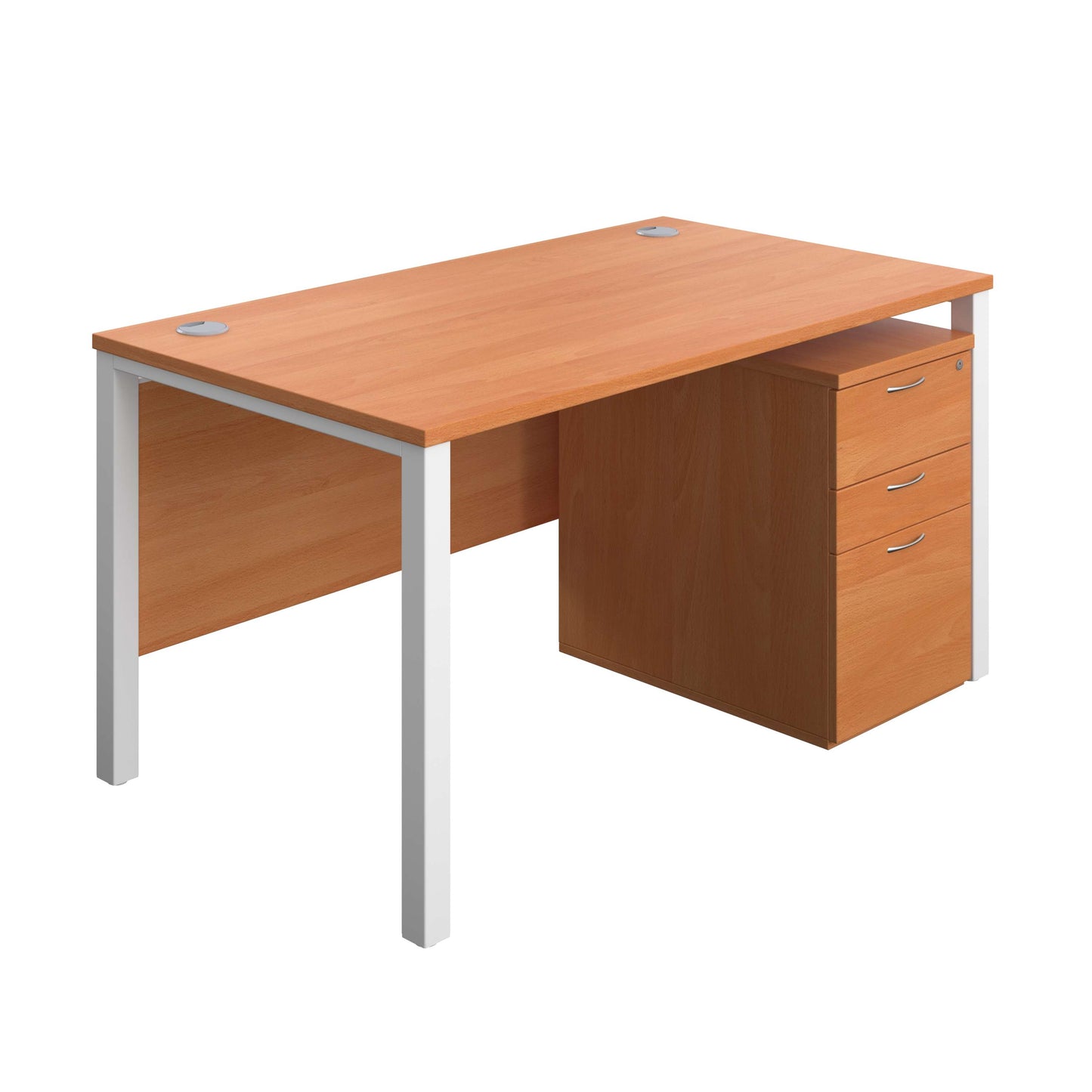 Goal Post Rectangular Desk + 3 Drawer High Mobile Pedestal (FSC) | 1400x800 | Beech/White