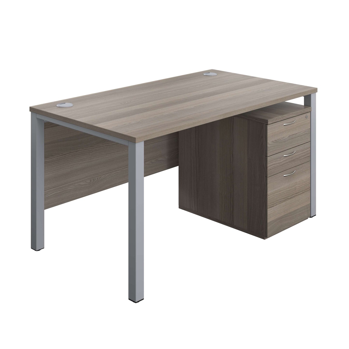 Goal Post Rectangular Desk + 3 Drawer High Mobile Pedestal (FSC) | 1400x800 | Grey oak/Silver