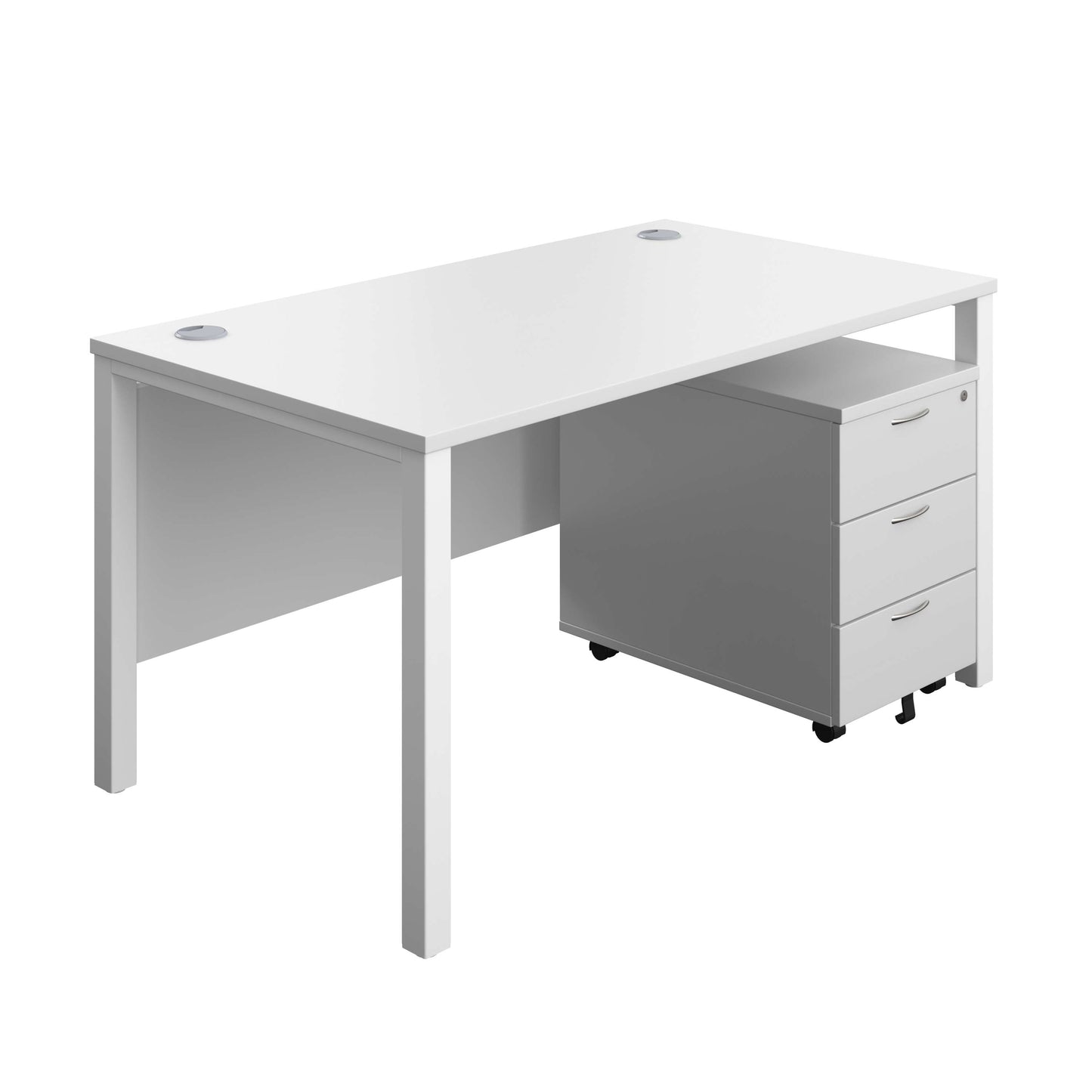 Goal Post Rectangular Desk + 3 Drawer Mobile Pedestal (FSC) | 1400x800 | White/White
