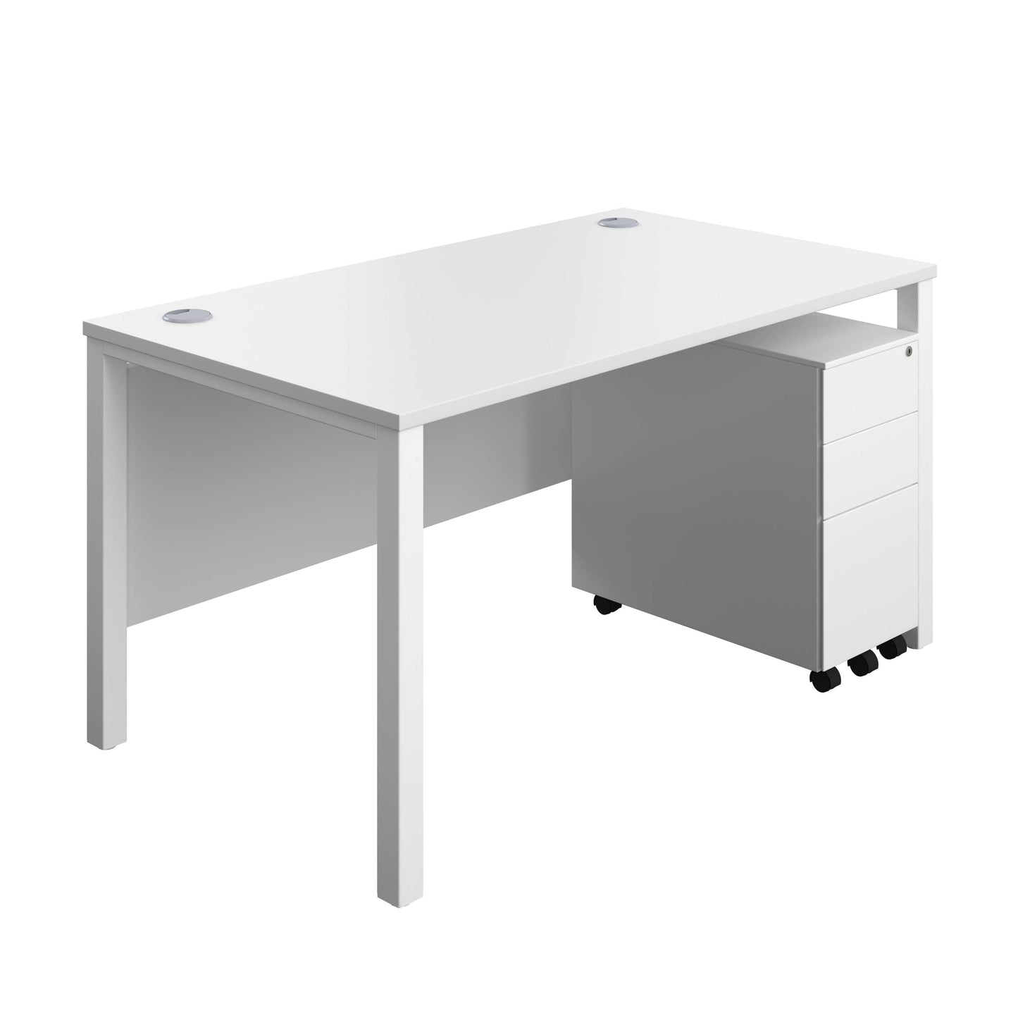 Goal Post Rectangular Desk + 3 Drawer Slimline Steel Pedestal (FSC) | 1400x800 | White/White
