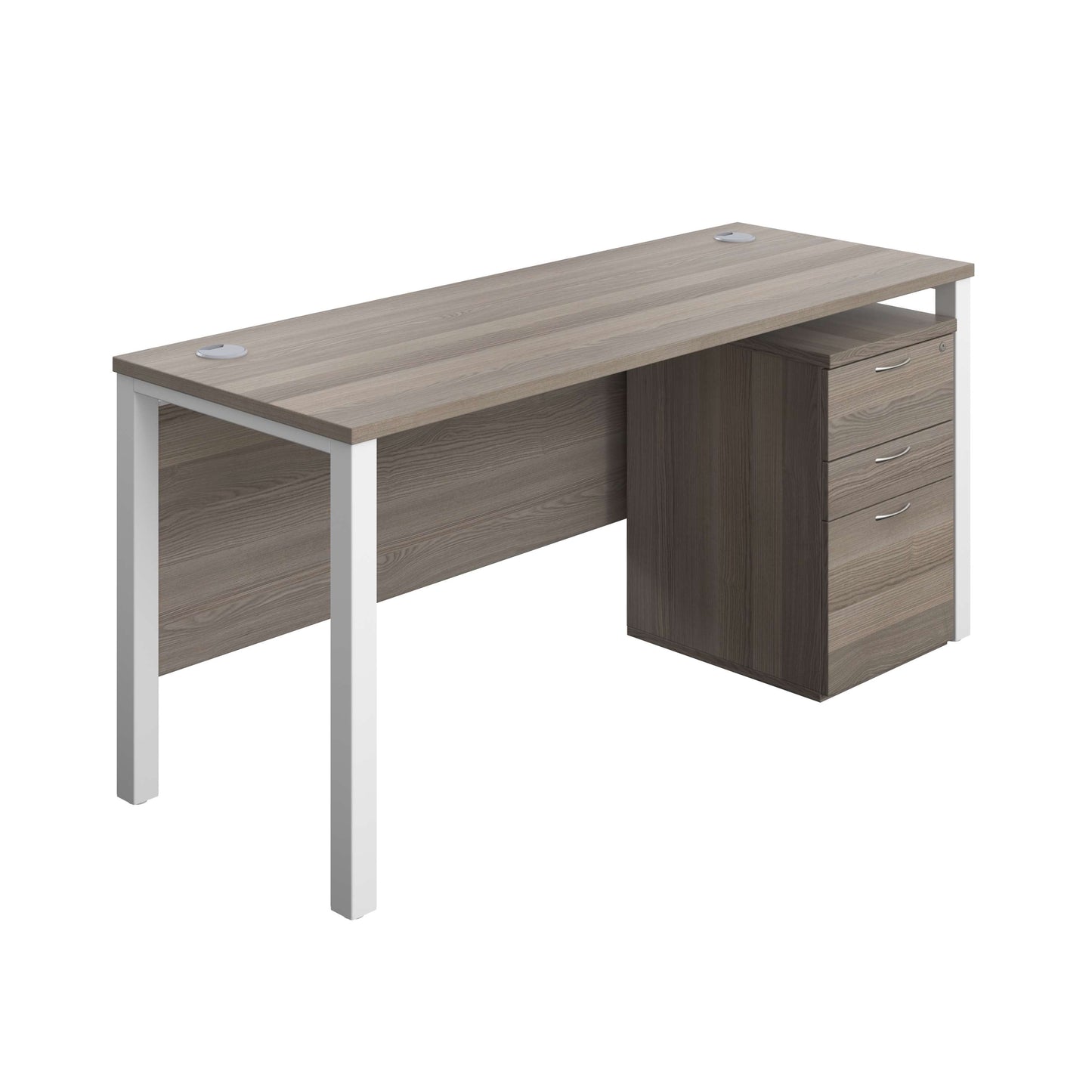Goal Post Rectangular Desk + 3 Drawer High Mobile Pedestal (FSC) | 1600x600 | Grey oak/White