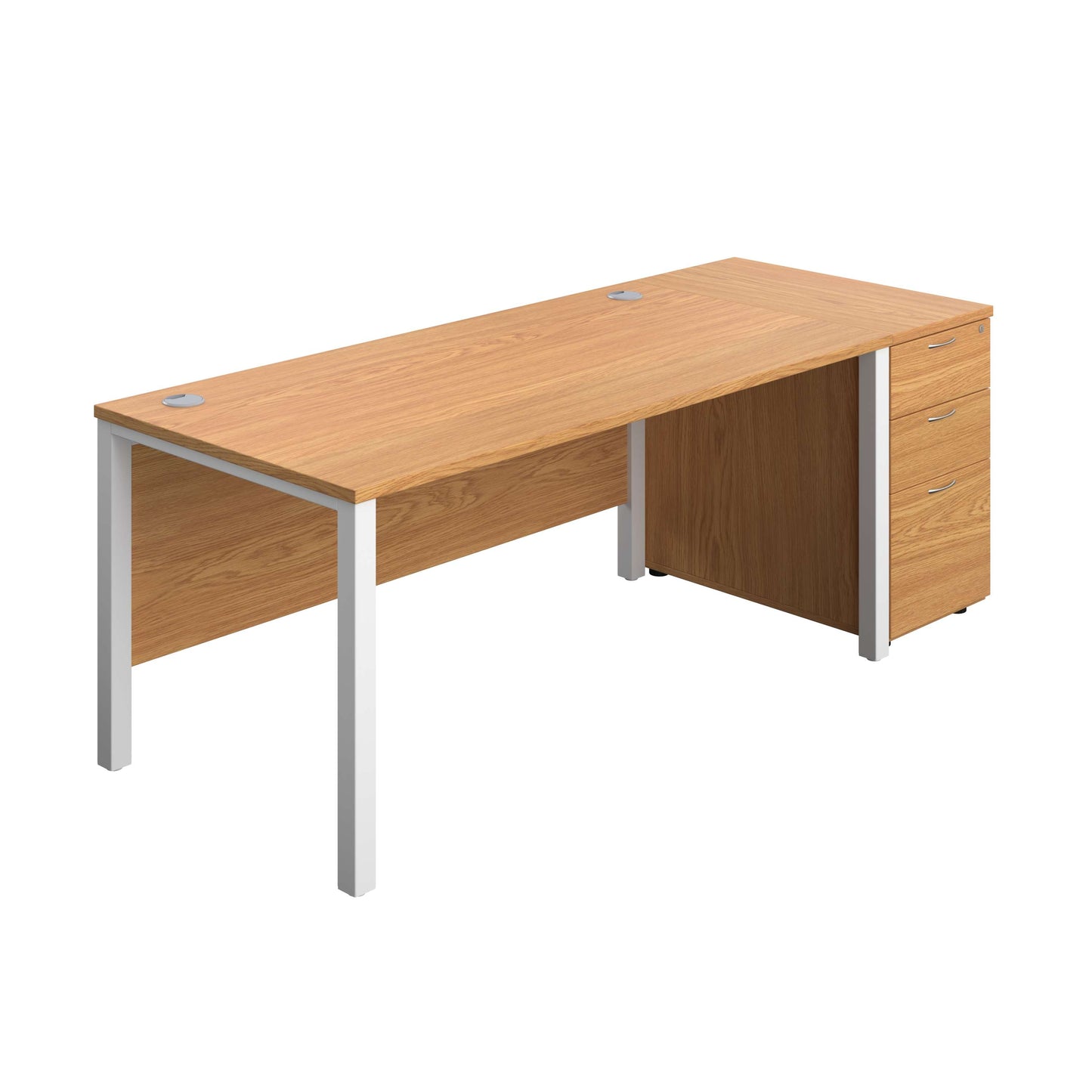 Goal Post Rectangular Desk + 3 Drawer Desk High Pedestal (FSC) | 1600x800 | Nova oak/White