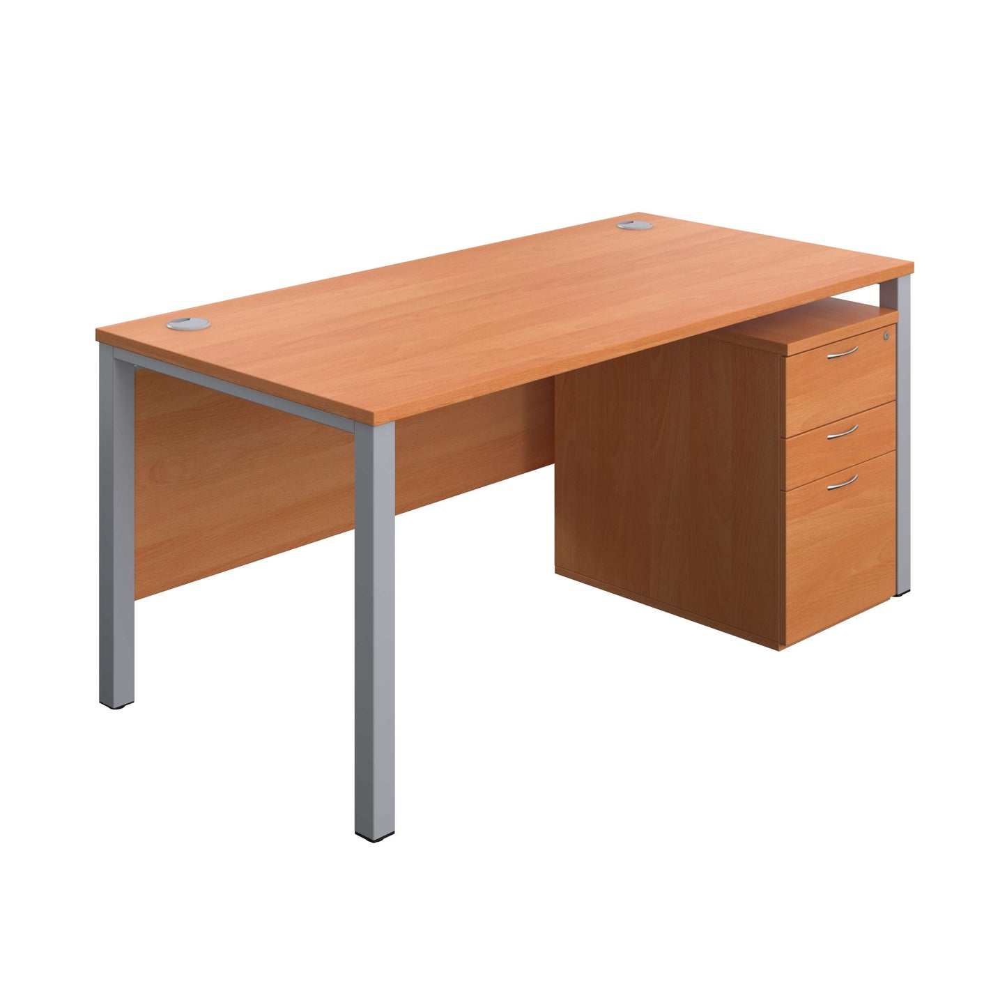 Goal Post Rectangular Desk + 3 Drawer High Mobile Pedestal (FSC) | 1600x800 | Beech/Silver