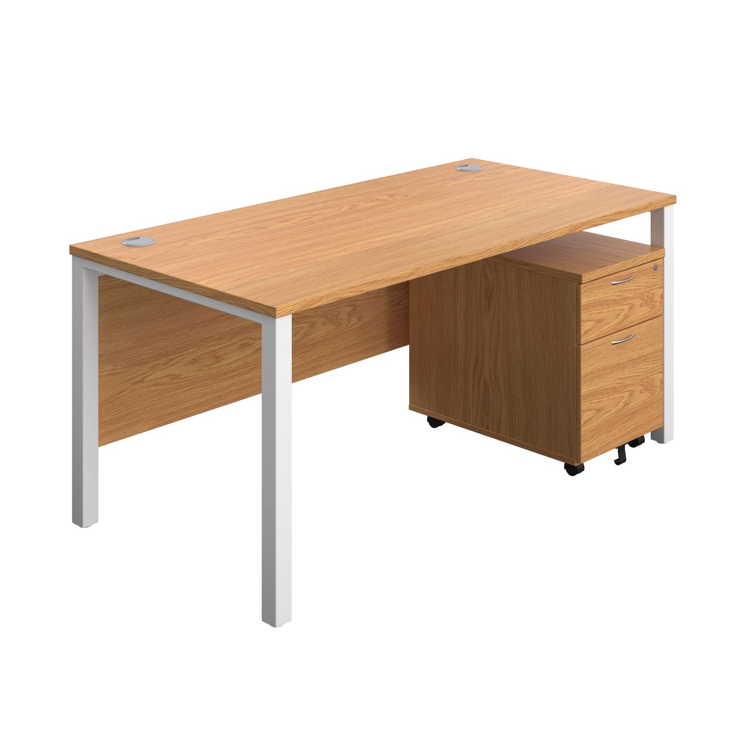 Goal Post Rectangular Desk + 2 Drawer Mobile Pedestal (FSC) | 1600x800 | Nova oak/White