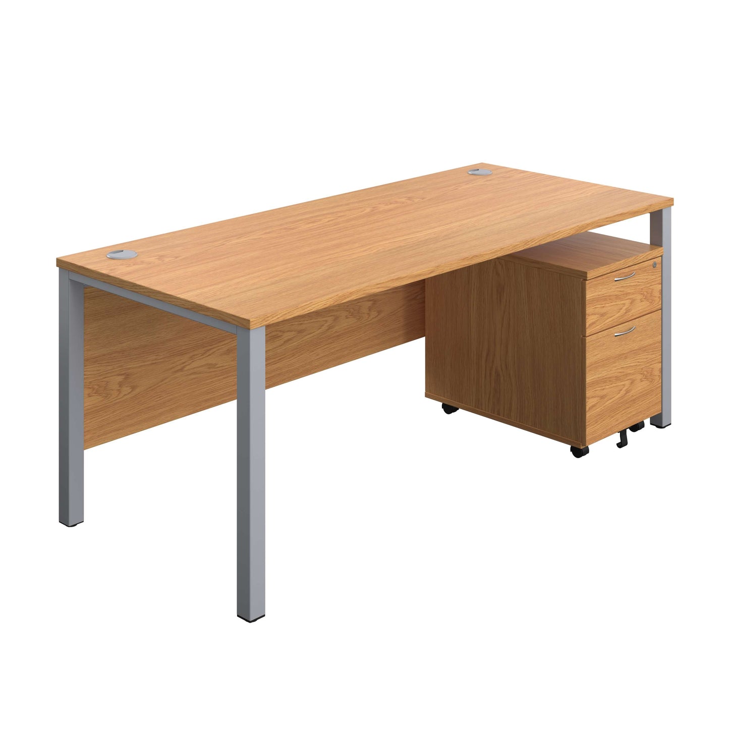 Goal Post Rectangular Desk + 2 Drawer Mobile Pedestal (FSC) | 1800x800 | Nova oak/Silver