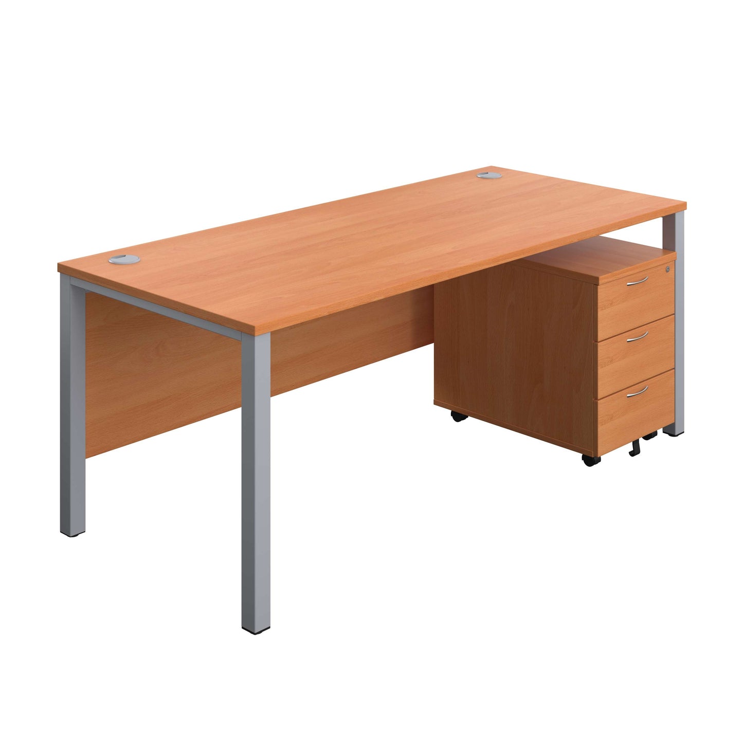 Goal Post Rectangular Desk + 3 Drawer Mobile Pedestal (FSC) | 1800x800 | Beech/Silver