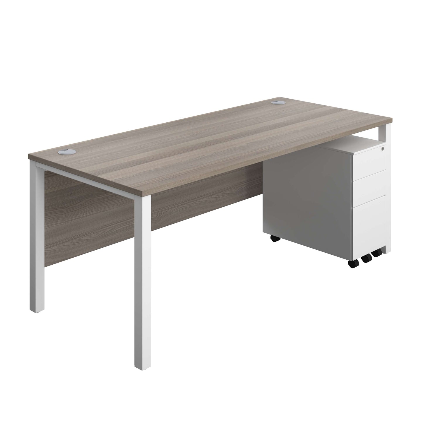 Goal Post Rectangular Desk + 3 Drawer Slimline Steel Pedestal (FSC) | 1800x800 | Grey oak/White