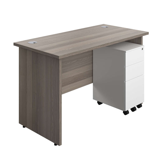 Panel Rectangular Desk + 3 Drawer Slimline Steel Pedestal Bundle (FSC) | 1200X600 | Grey Oak/White