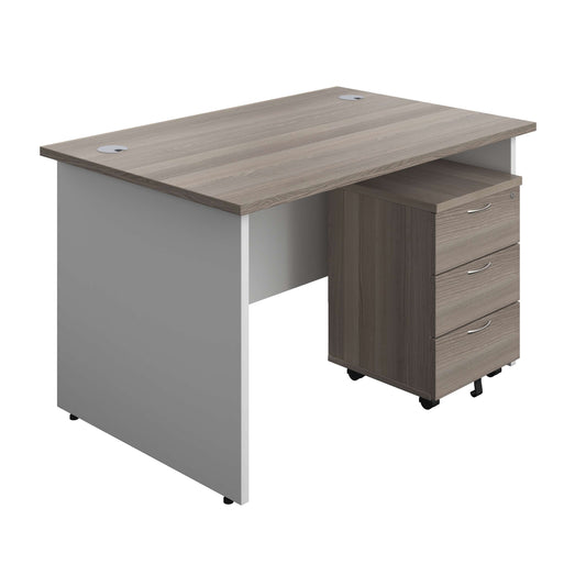 Panel Plus Rectangular Desk + 3 Drawer Mobile Pedestal Bundle (FSC) | 1200X800 | Grey Oak/White
