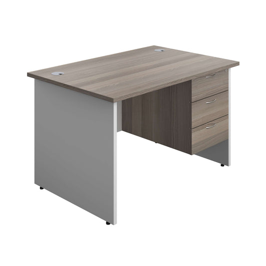 Panel Plus Rectangular Desk + 3 Drawer Fixed Pedestal Bundle (FSC) | 1200X800 | Grey Oak/White