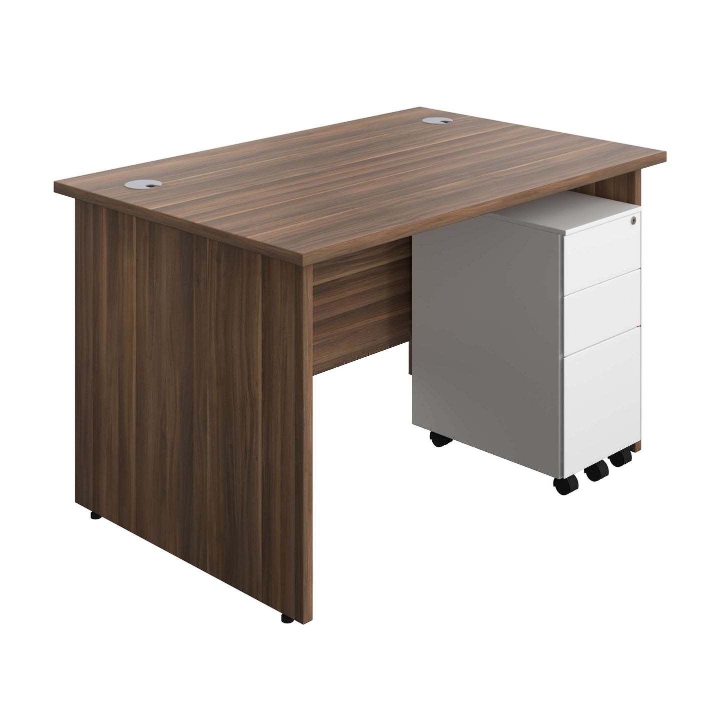 Panel Rectangular Desk + 3 Drawer Slimline Steel Pedestal Bundle (FSC) | 1200X800 | Dark Walnut/White