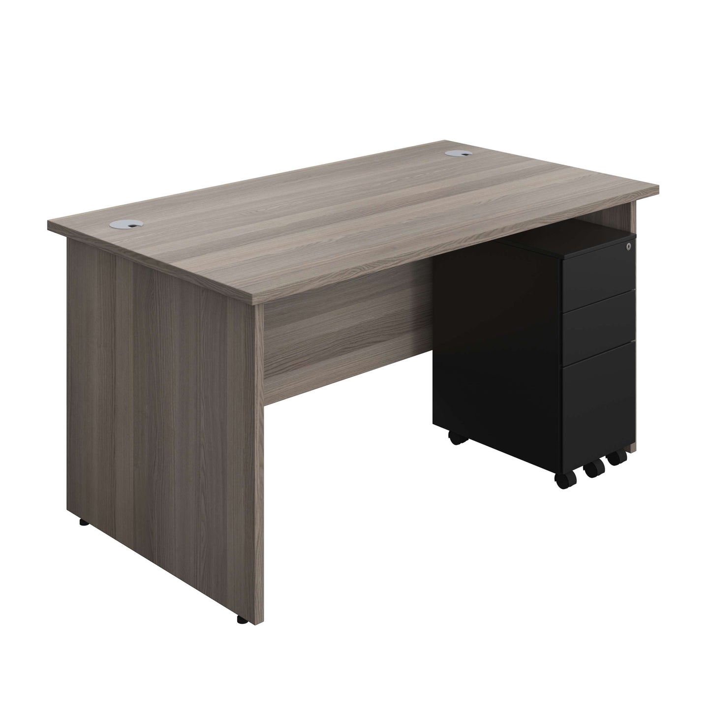 Panel Rectangular Desk + 3 Drawer Slimline Steel Pedestal Bundle (FSC) | 1400X800 | Grey Oak/Black