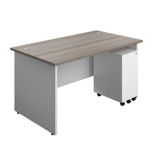 Panel Plus Rectangular Desk + 3 Drawer Slimline Steel Pedestal Bundle (FSC) | 1400X800 | Grey Oak/White