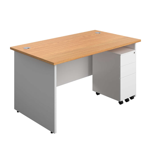 Panel Plus Rectangular Desk + 3 Drawer Slimline Steel Pedestal Bundle (FSC) | 1400X800 | Nova Oak/White