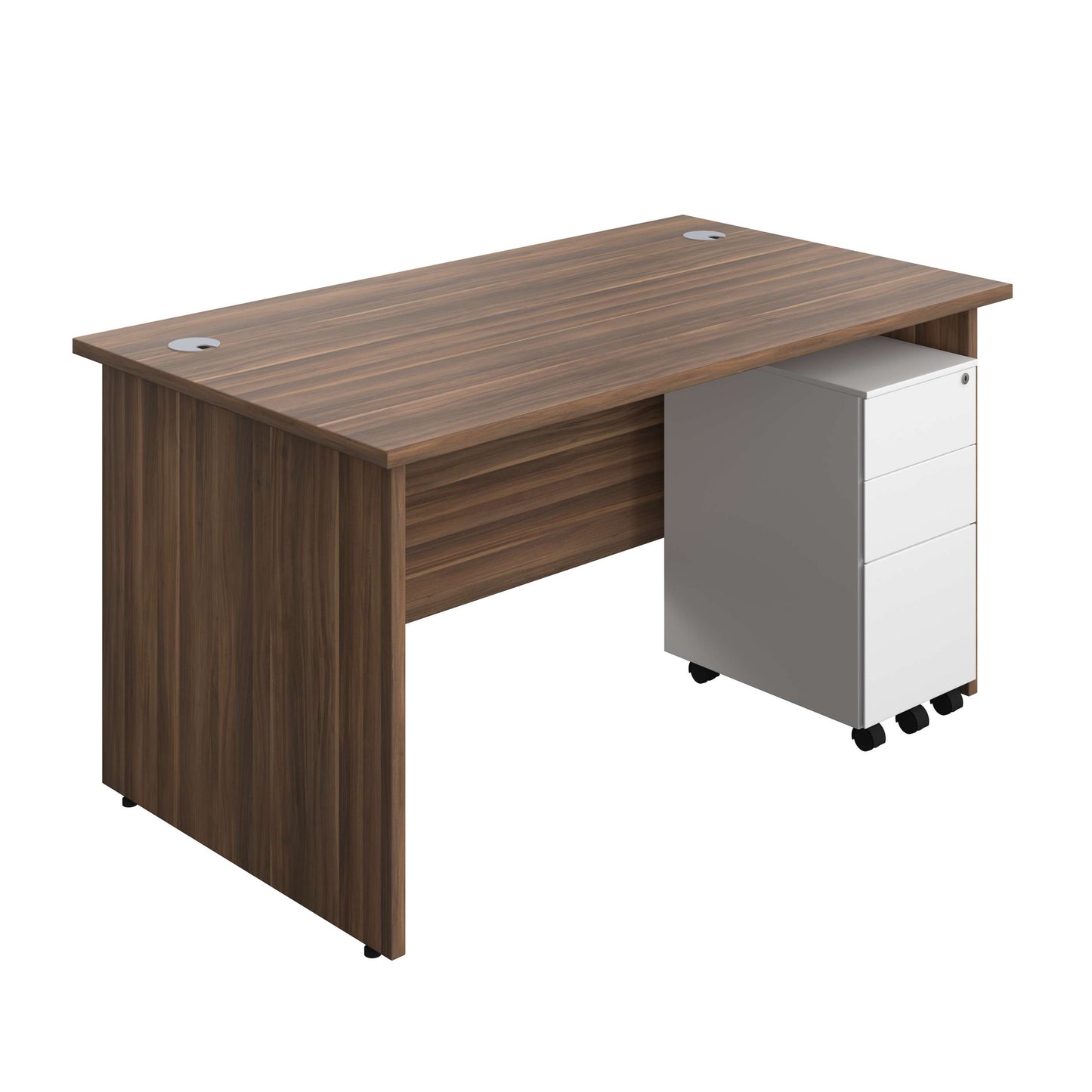 Panel Rectangular Desk + 3 Drawer Slimline Steel Pedestal Bundle (FSC) | 1400X800 | Dark Walnut/White
