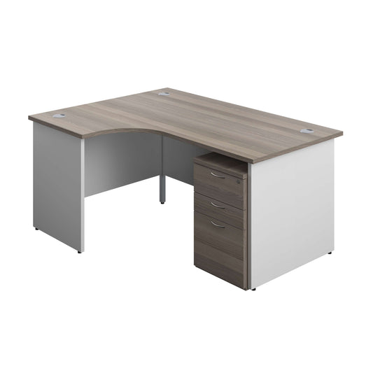 Panel Plus Left Radial Desk + 3 Drawer Under Desk Pedestal Bundle (FSC) | 1600X1200 | Grey Oak/White