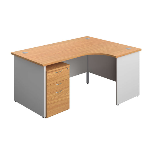 Panel Plus Right Radial Desk + 3 Drawer High Mobile Pedestal Bundle (FSC) | 1600X1200 | Nova Oak/White