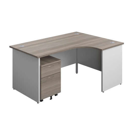 Panel Plus Right Radial Desk + 2 Drawer Mobile Pedestal Bundle (FSC) | 1600X1200 | Grey Oak/White