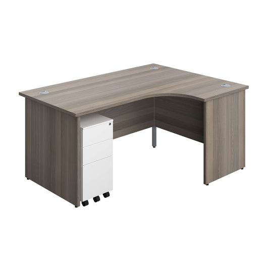 Panel Right Hand Radial Desk + 3 Drawer Slimline Steel Mobile Pedestal Bundle (FSC) | 1600X1200 | Grey Oak/White