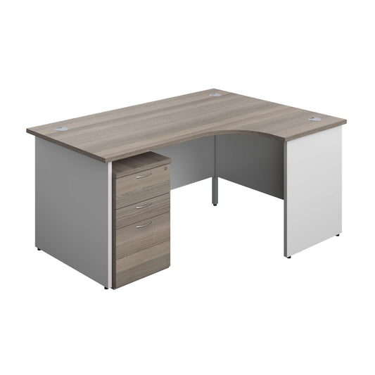 Panel Plus Right Radial Desk + 3 Drawer Under Desk Pedestal Bundle (FSC) | 1600X1200 | Grey Oak/White