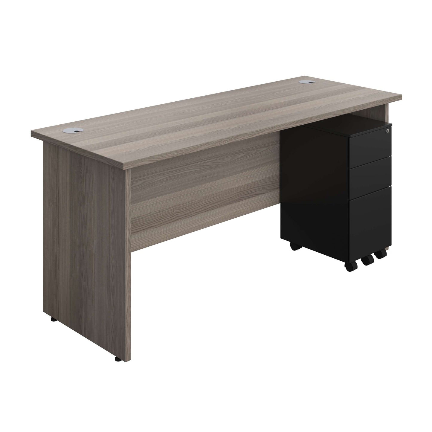 Panel Rectangular Desk + 3 Drawer Slimline Steel Pedestal Bundle (FSC) | 1600X600 | Grey Oak/Black