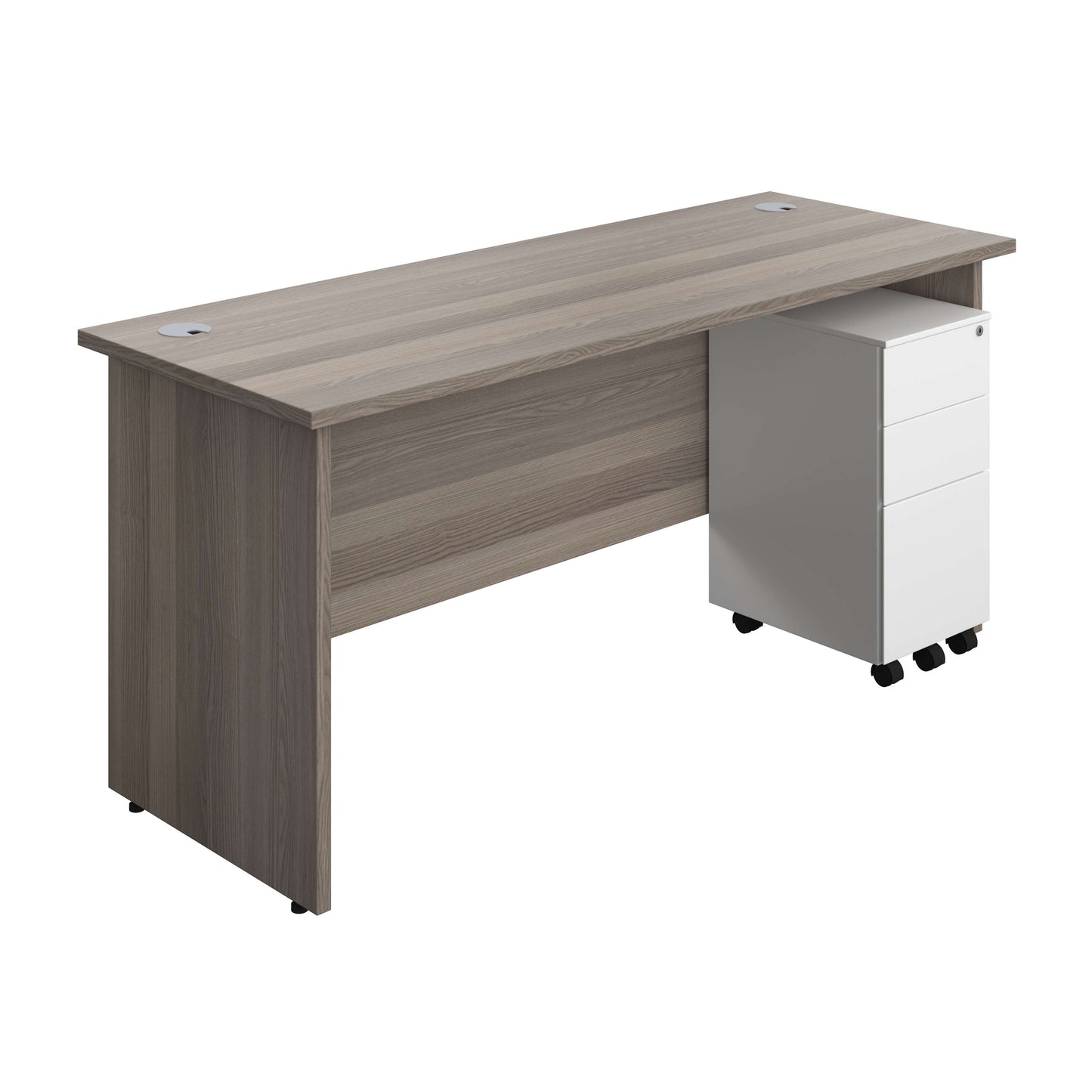 Panel Rectangular Desk + 3 Drawer Slimline Steel Pedestal Bundle (FSC) | 1600X600 | Grey Oak/White