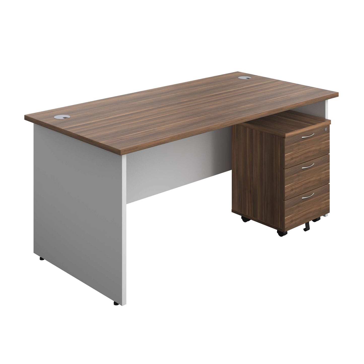 Panel Plus Rectangular Desk + 3 Drawer Mobile Pedestal Bundle (FSC) | 1600X800 | Dark Walnut/White