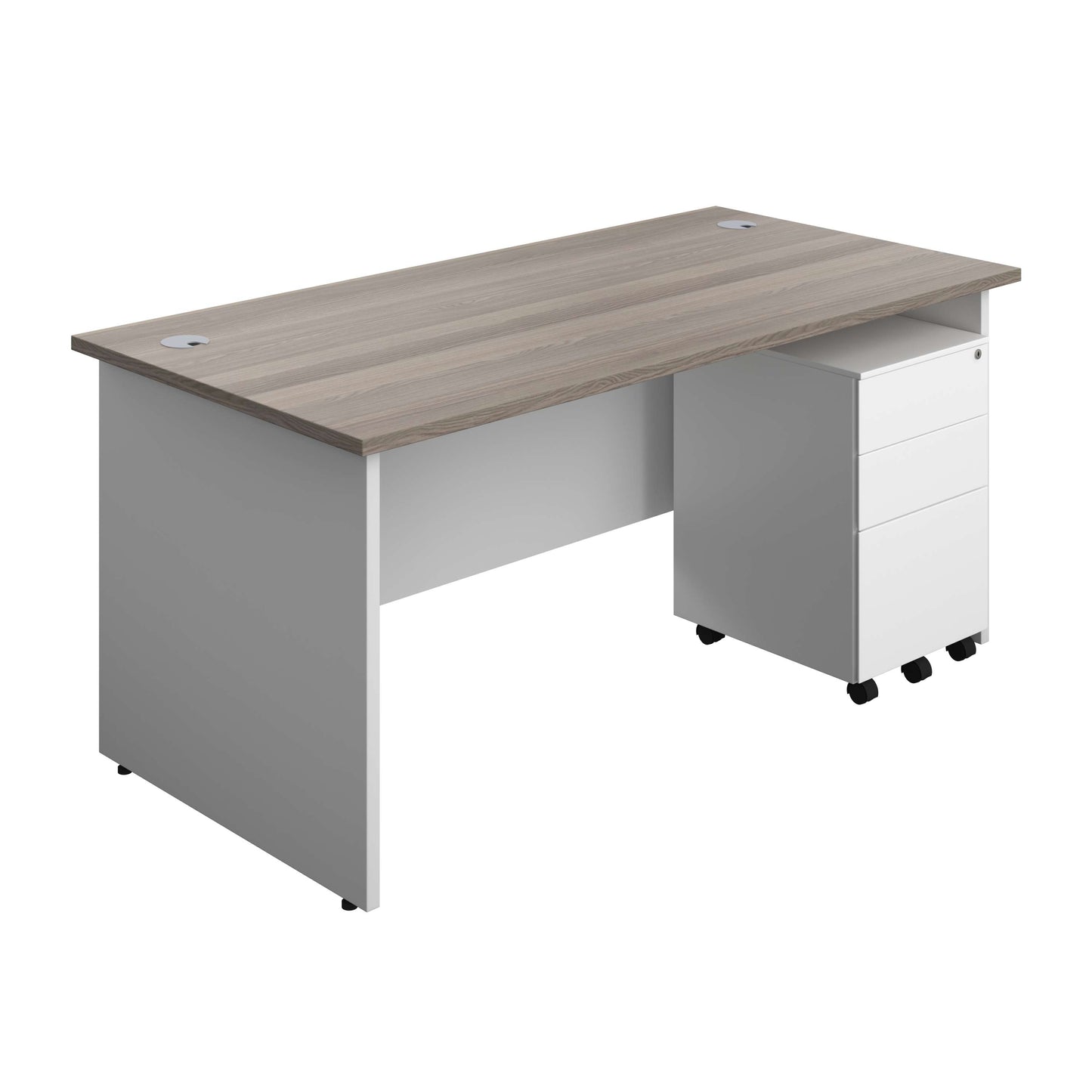 Panel Plus Rectangular Desk + 3 Drawer Steel Pedestal Bundle (FSC) | 1600X800 | Grey Oak/White