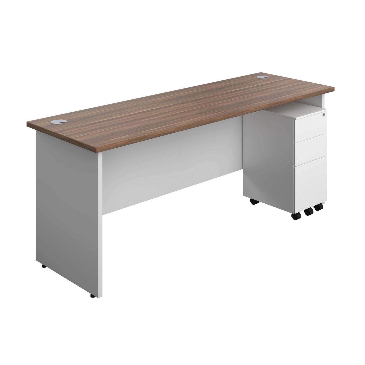 Panel Plus Rectangular Desk + 3 Drawer Slimline Steel Pedestal Bundle (FSC) | 1800X600 | Dark Walnut/White