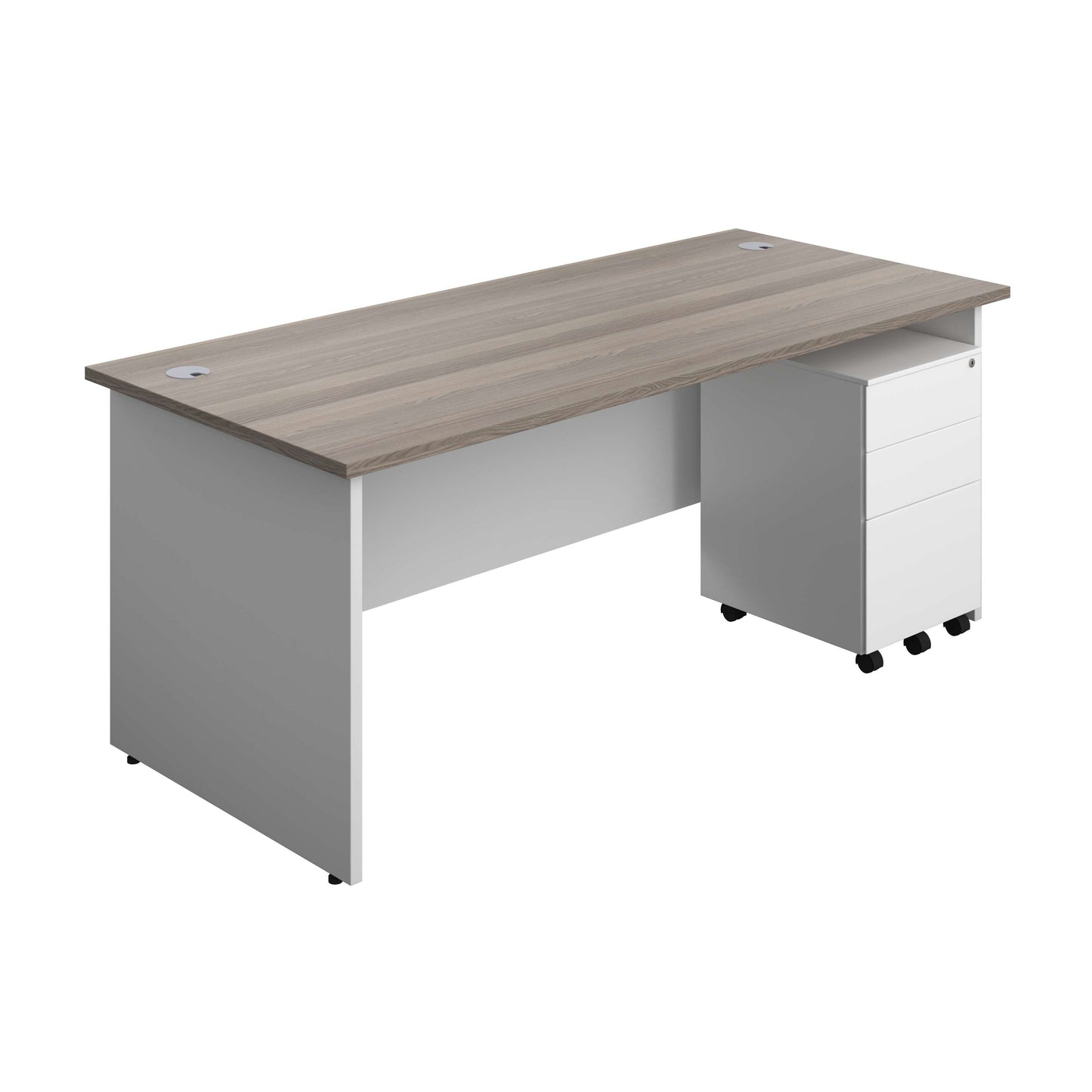 Panel Plus Rectangular Desk + 3 Drawer Steel Pedestal Bundle (FSC) | 1800X800 | Grey Oak/White