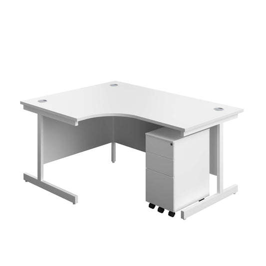 Single Upright Left Hand Radial Desk + Slimline Steel Pedestal 3 Drawers (FSC) | 1600 X 1200 | White/White