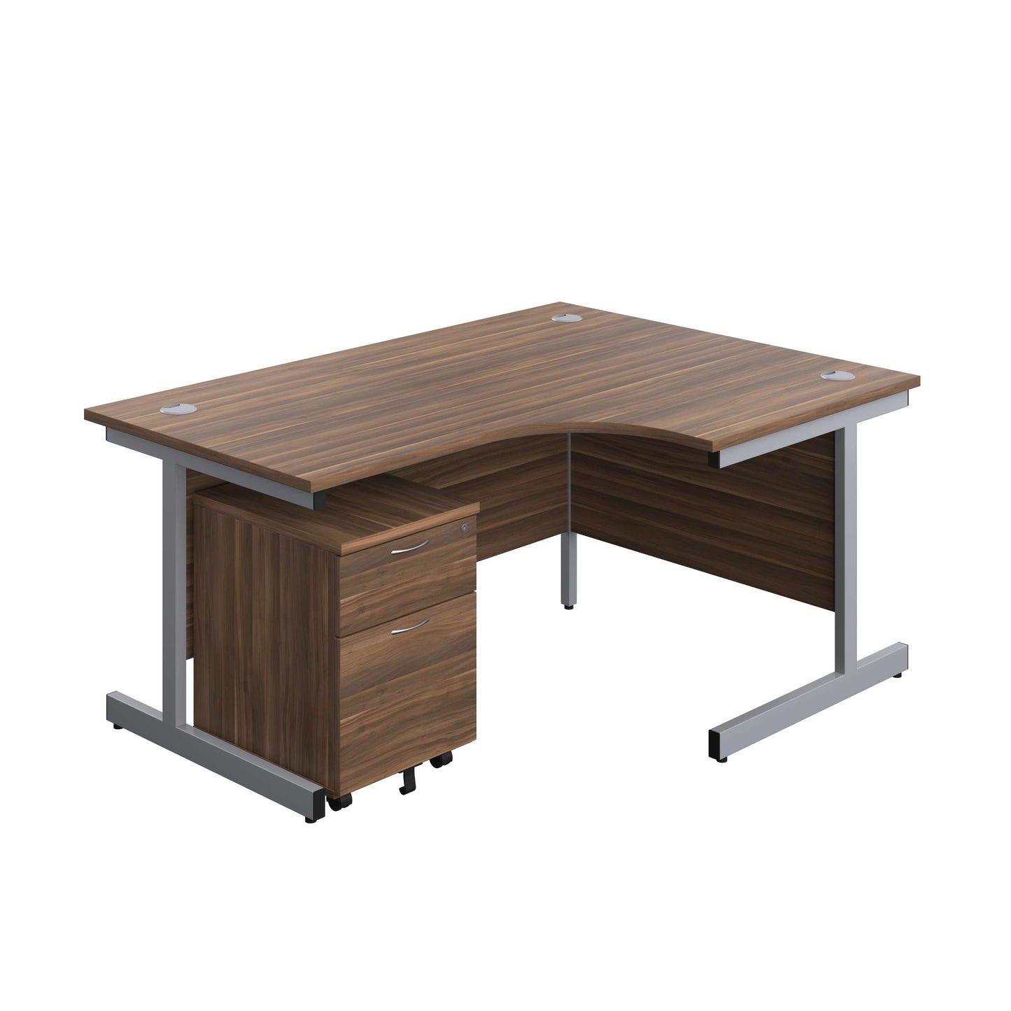 Single Upright Right Hand Radial Desk + Mobile 2 Drawer Pedestal (FSC) | 1600 X 1200 | Dark Walnut/Silver