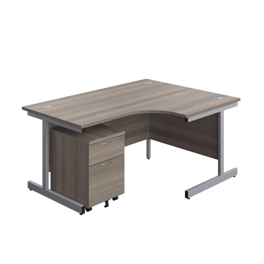 Single Upright Right Hand Radial Desk + Mobile 2 Drawer Pedestal (FSC) | 1600 X 1200 | Grey Oak/Silver