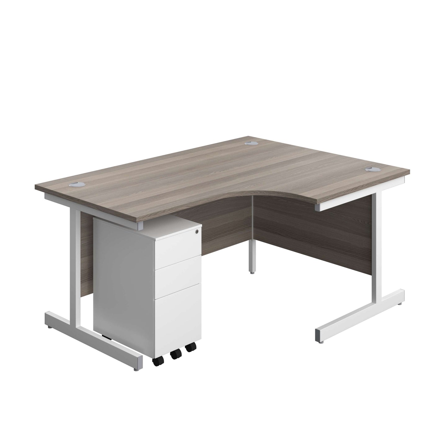 Single Upright Right Hand Radial Desk + Slimline Steel Pedestal 3 Drawers (FSC) | 1600 X 1200 | Grey Oak/White