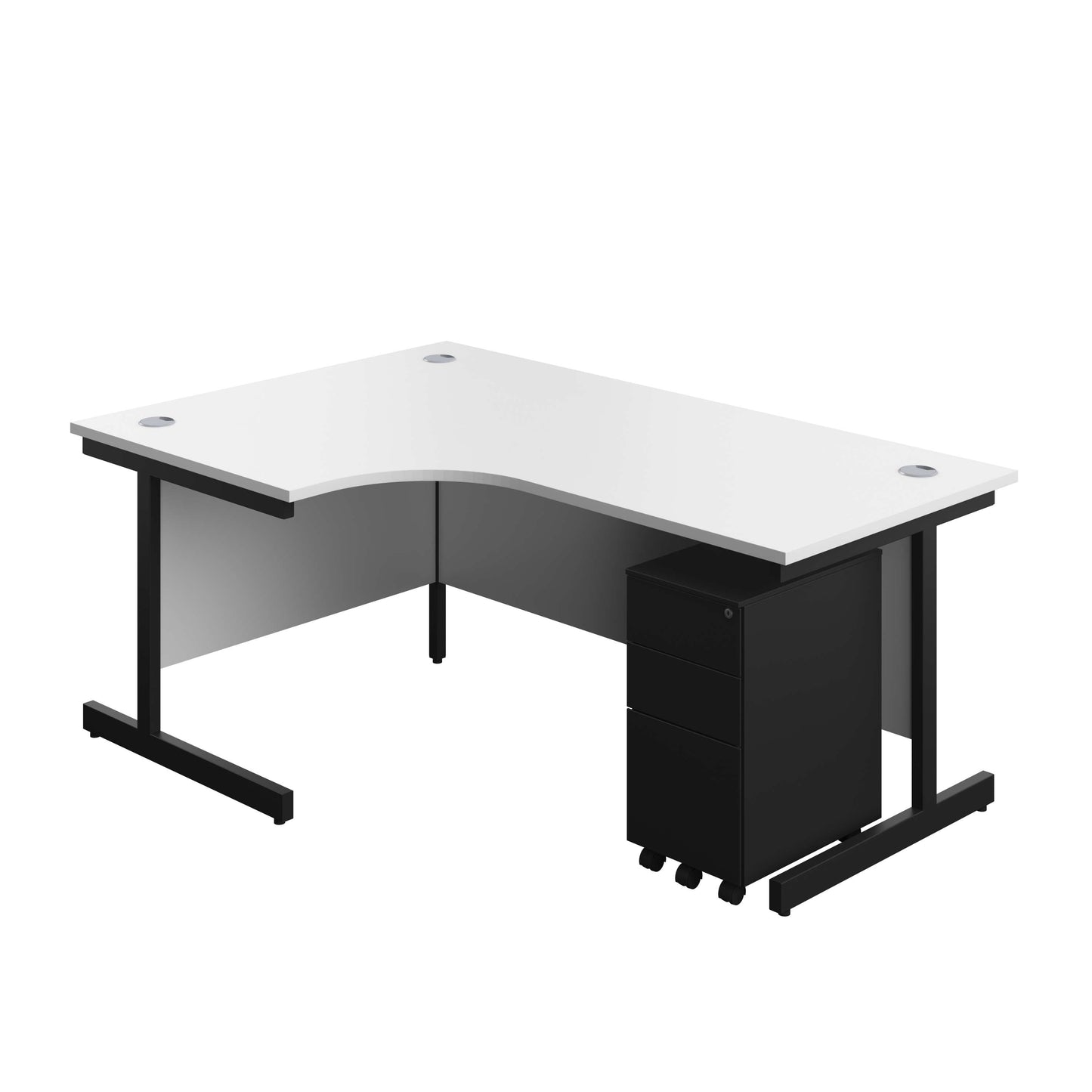 Single Upright Left Hand Radial Desk + Slimline Steel Pedestal 3 Drawers (FSC) | 1800 X 1200 | White/Black