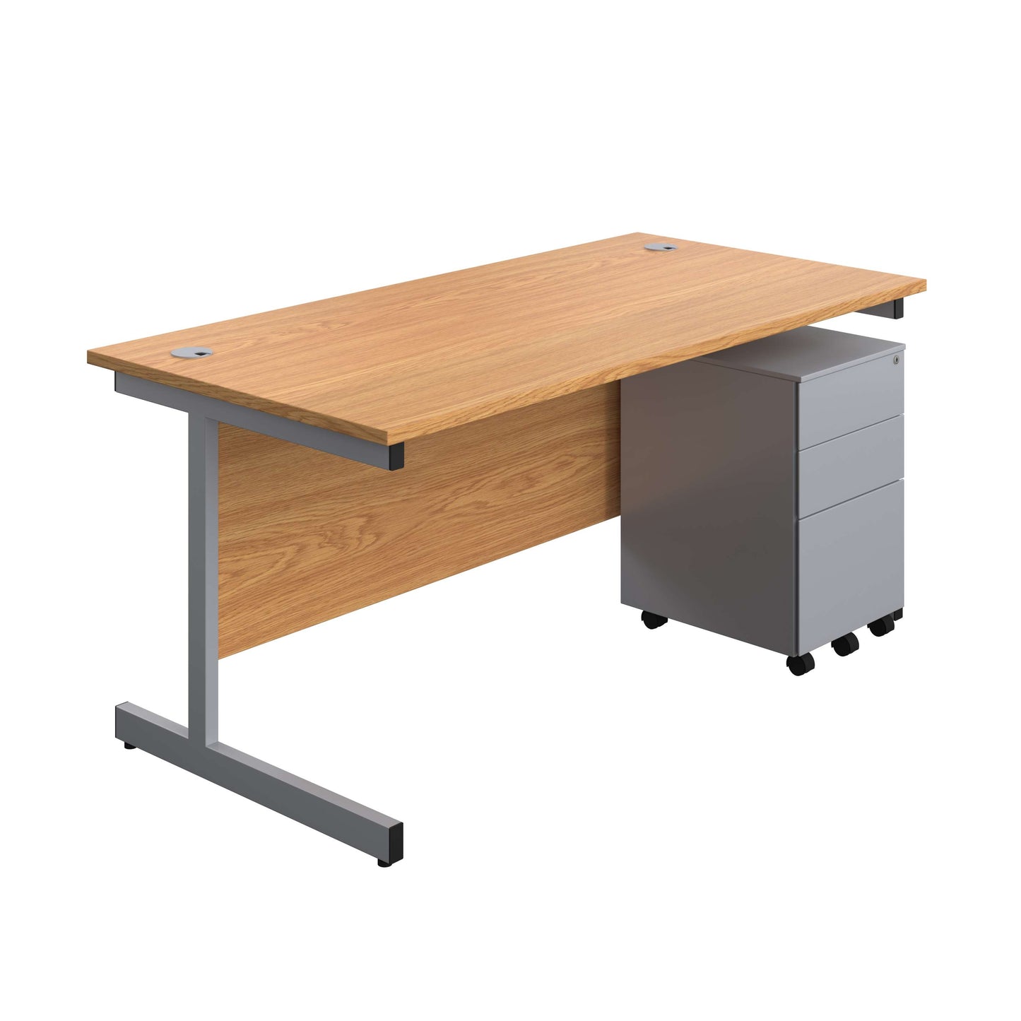 Single Upright Rectangular Desk + Under Desk Steel Pedestal 3 Drawers (FSC) | 1600 X 800 | Nova Oak/Silver