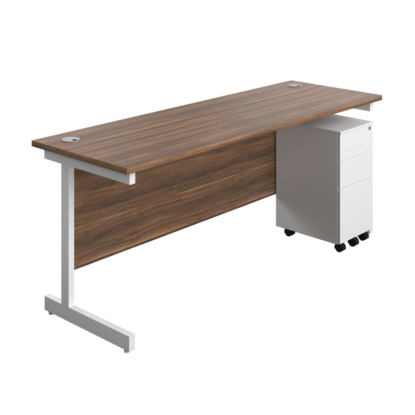 Single Upright Rectangular Desk + Slimline Steel Pedestal 3 Drawers (FSC) | 1800 X 600 | Dark Walnut/White