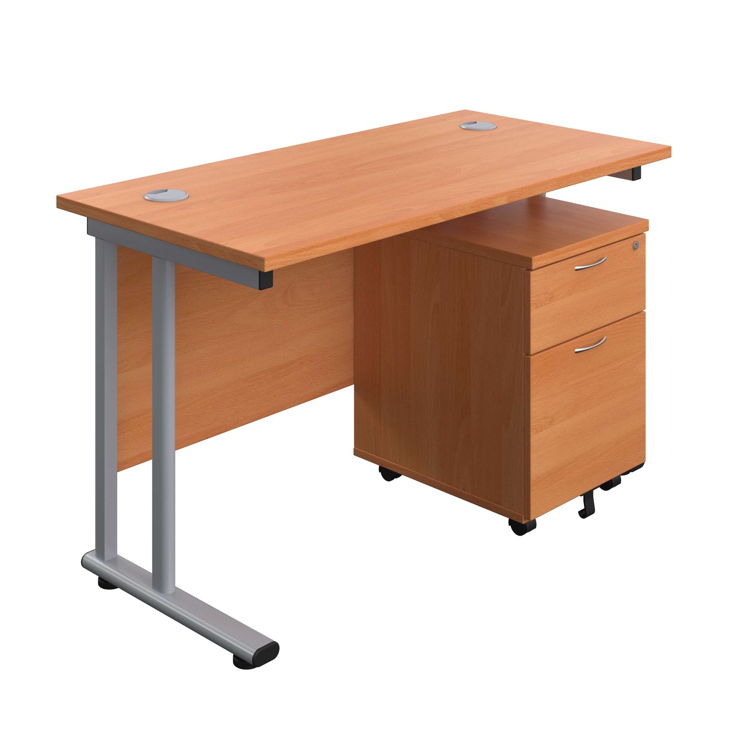 Twin Upright Rectangular Desk + Mobile 2 Drawer Pedestal (FSC) | 1200X600 | Beech/Silver