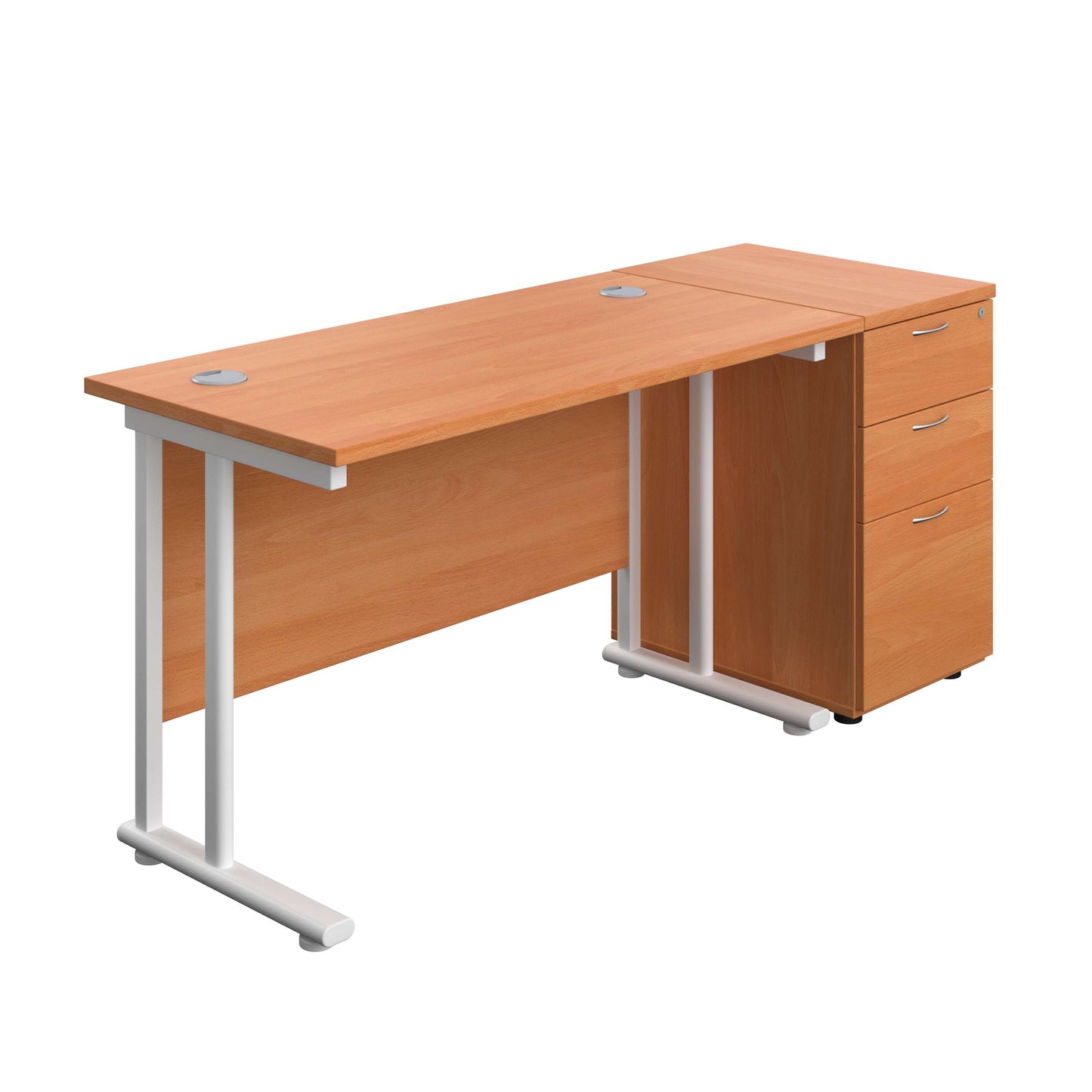 Twin Upright Rectangular Desk + Desk High 3 Drawer Pedestal (FSC) | 1200X600 | Beech/White