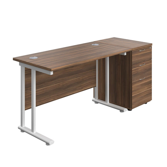 Twin Upright Rectangular Desk + Desk High 3 Drawer Pedestal (FSC) | 1200X600 | Dark Walnut/White