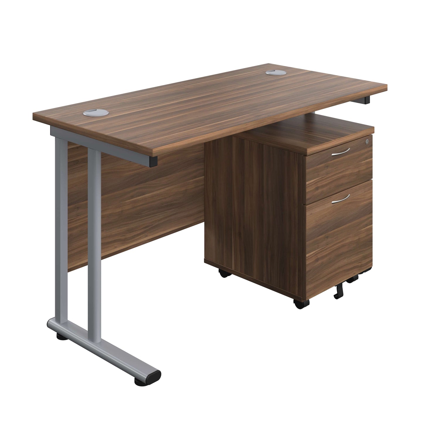 Twin Upright Rectangular Desk + Mobile 2 Drawer Pedestal (FSC) | 1200X600 | Dark Walnut/Silver