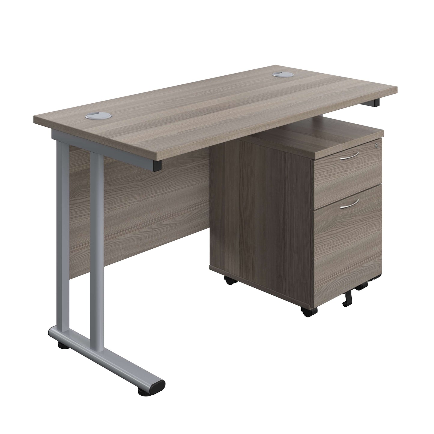 Twin Upright Rectangular Desk + Mobile 2 Drawer Pedestal (FSC) | 1200X600 | Grey Oak/Silver