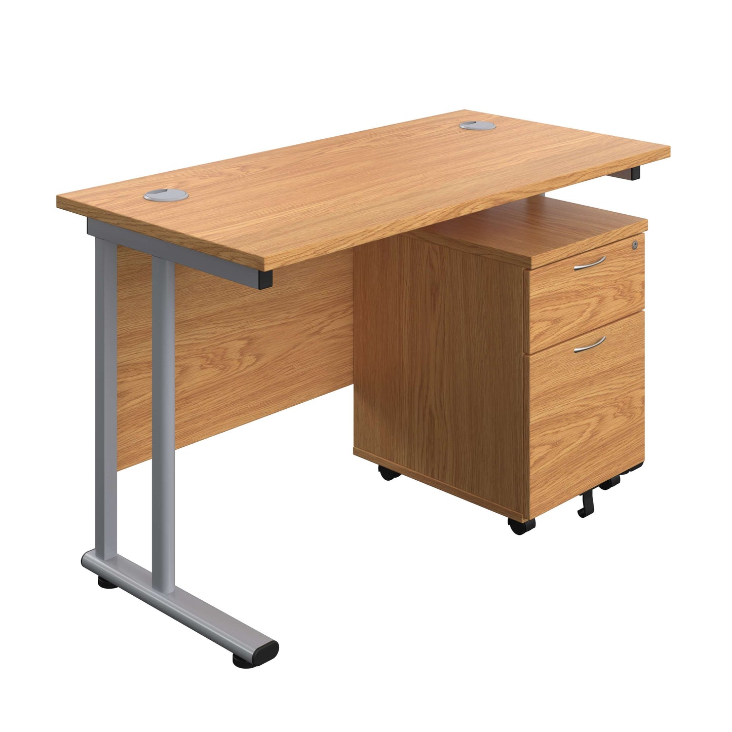 Twin Upright Rectangular Desk + Mobile 2 Drawer Pedestal (FSC) | 1200X600 | Nova Oak/Silver
