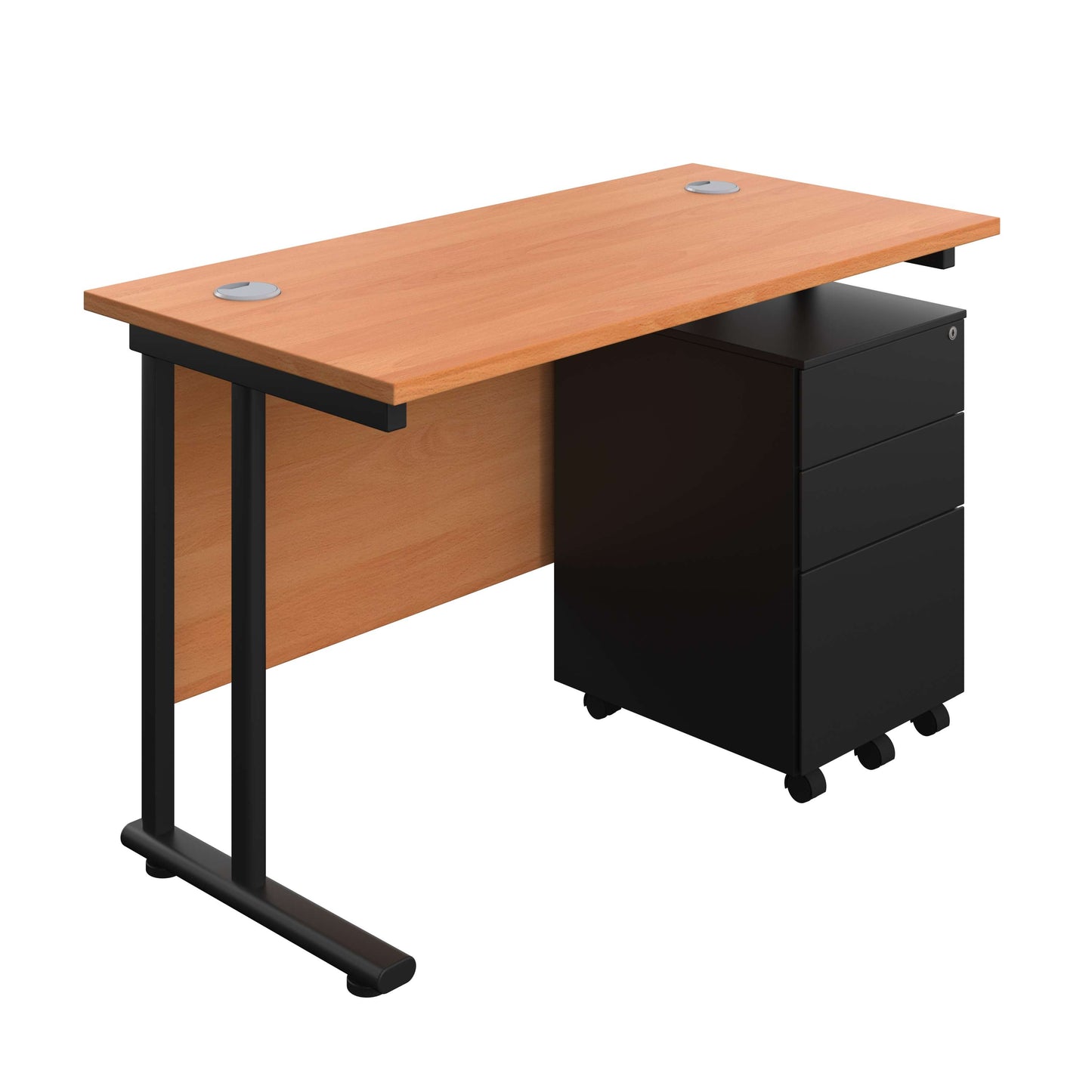 Twin Upright Rectangular Desk + Under Desk Steel Pedestal 3 Drawers (FSC) | 1200X600 | Beech/Black
