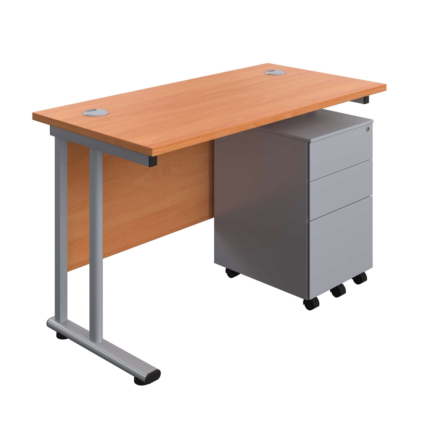 Twin Upright Rectangular Desk + Under Desk Steel Pedestal 3 Drawers (FSC) | 1200X600 | Beech/Silver