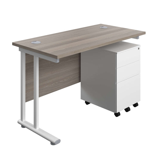 Twin Upright Rectangular Desk + Under Desk Steel Pedestal 3 Drawers (FSC) | 1200X600 | Grey Oak/White