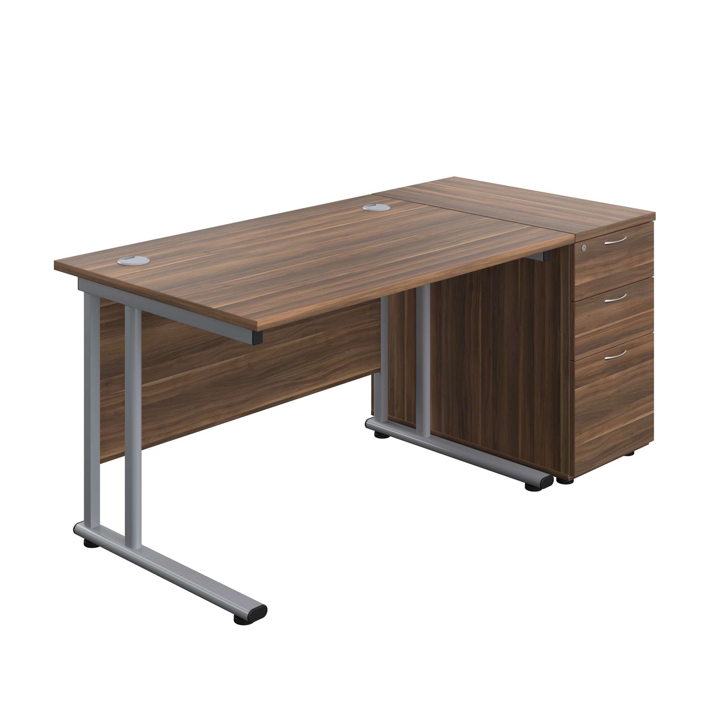 Twin Upright Rectangular Desk + Desk High 3 Drawer Pedestal (FSC) | 1200X800 | Dark Walnut/Silver