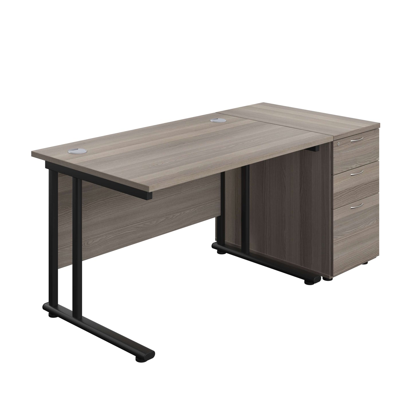 Twin Upright Rectangular Desk + Desk High 3 Drawer Pedestal (FSC) | 1200X800 | Grey Oak/Black